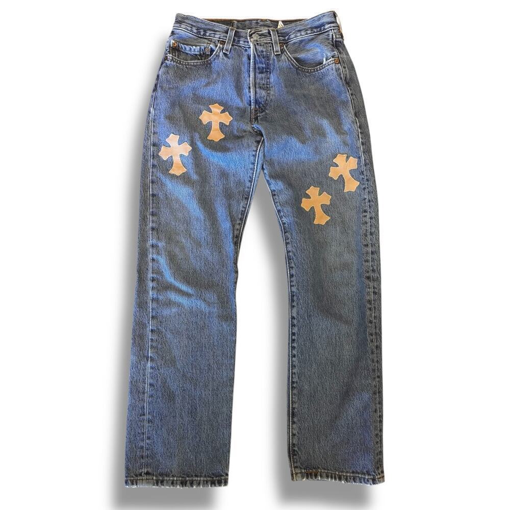 Vintage Levi's 501 patchwork crosses patches womens jeans 2000s 00s 28